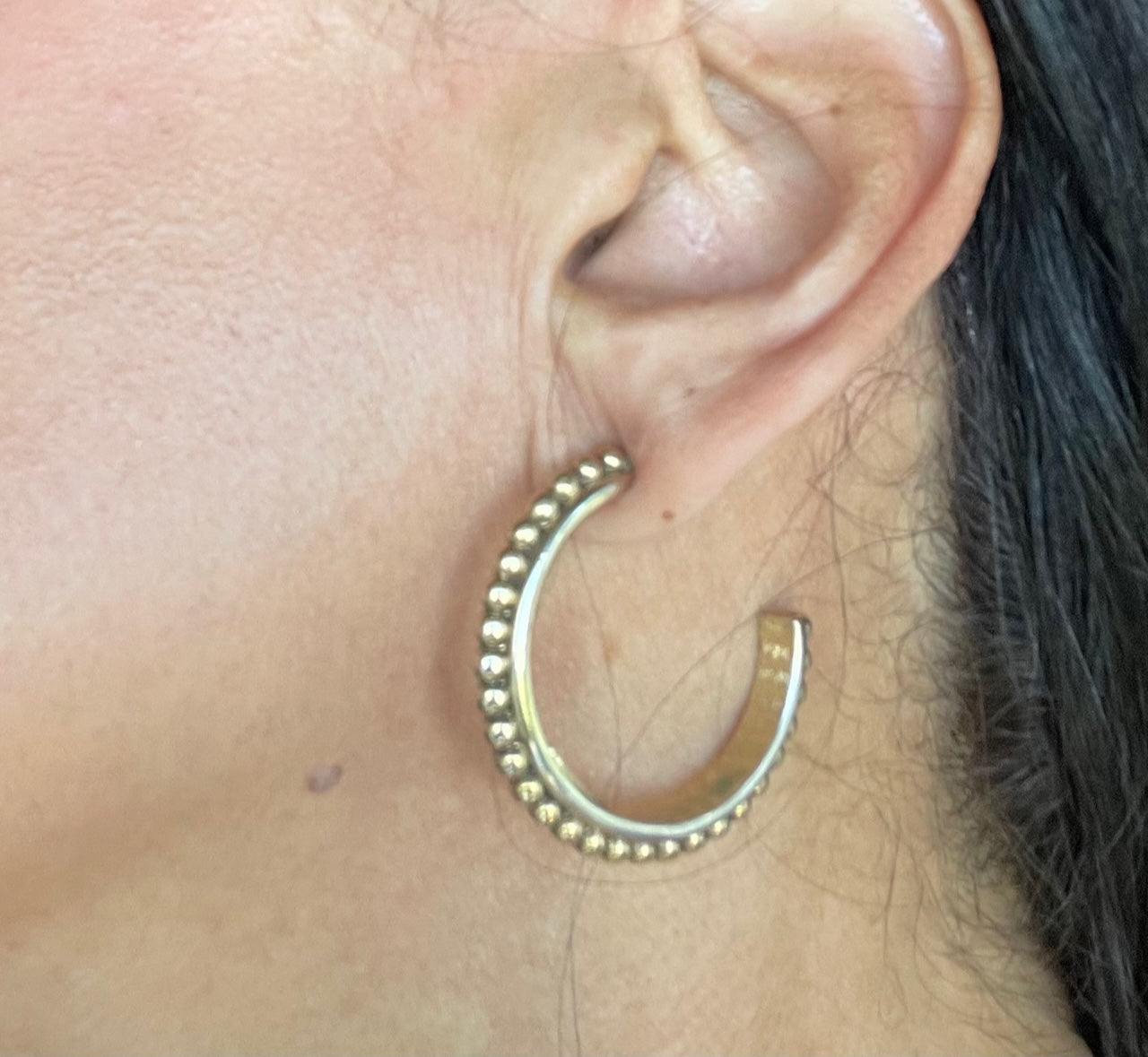 Vintage Signed Oscar De La Renta Large Antiqued Gold Tone Ball Textured Hoops Earrings