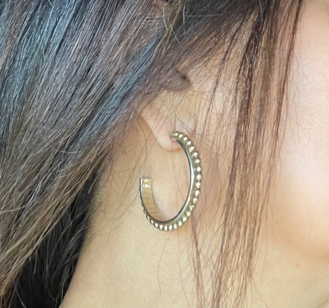Vintage Signed Oscar De La Renta Large Antiqued Gold Tone Ball Textured Hoops Earrings