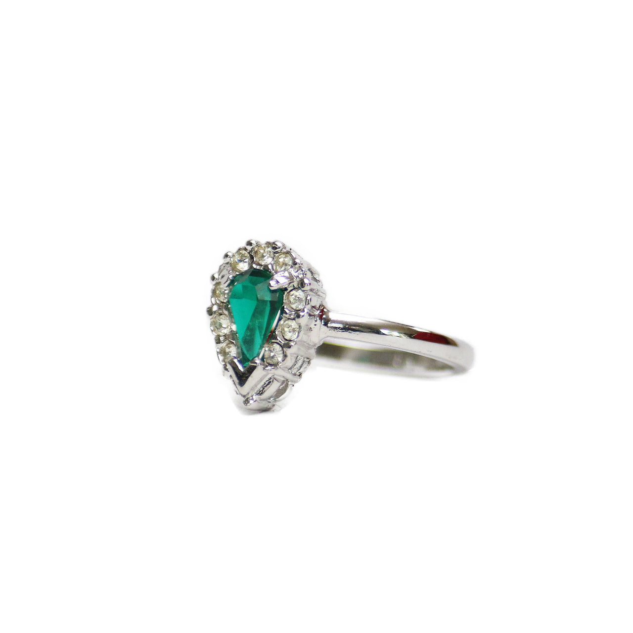 Vintage Ring Teardrop Emerald and Clear Swarovski Crystals 18k White Gold Silver #R129 Size: 13