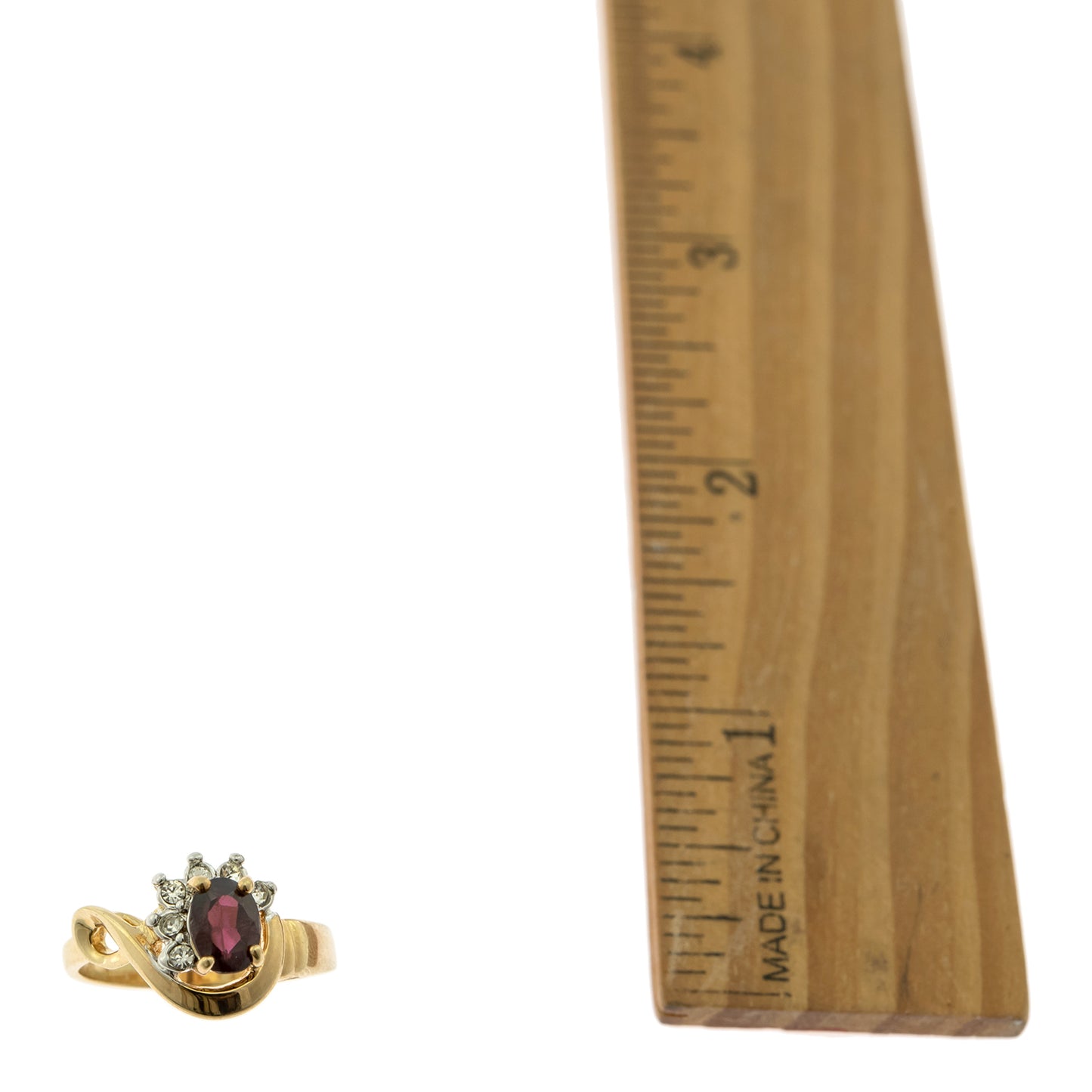 Vintage Ring Genuine Garnet and Clear Austrian Crystals 18kt Yellow Gold Plated Made in USA Size: 7