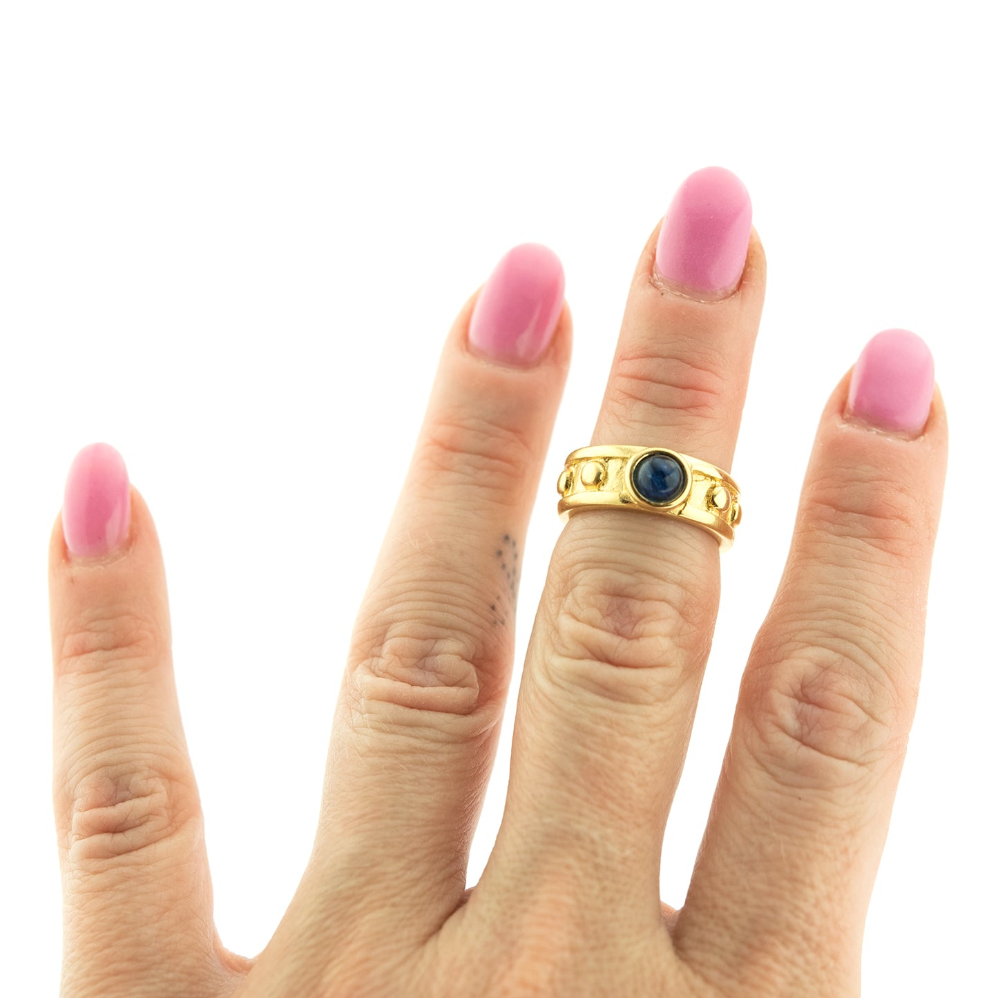 Vintage Ring 1970s Sapphire Cabocon Glass Ring 18k Brushed Gold September Birthstone #R3095