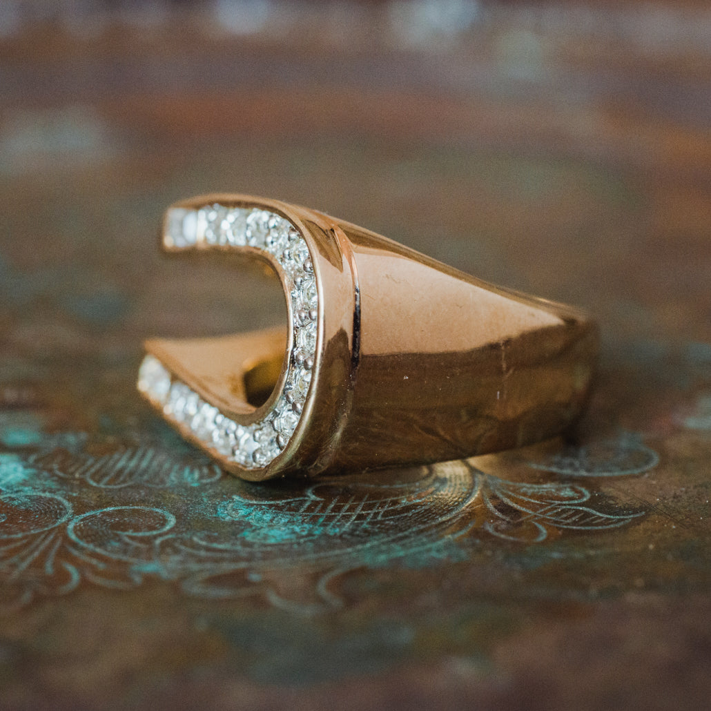 Men's Vintage Ring Equestrian Ring Horseshoe with Austrian Crystals Handcrafted 18k Gold R2541