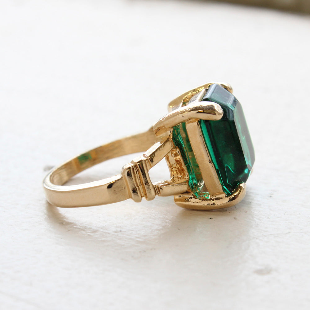 Vintage Ring Emerald Cut Emerald Austrian Crystal 18kt Gold Electroplated Ring Made in the USA May Birthstone
