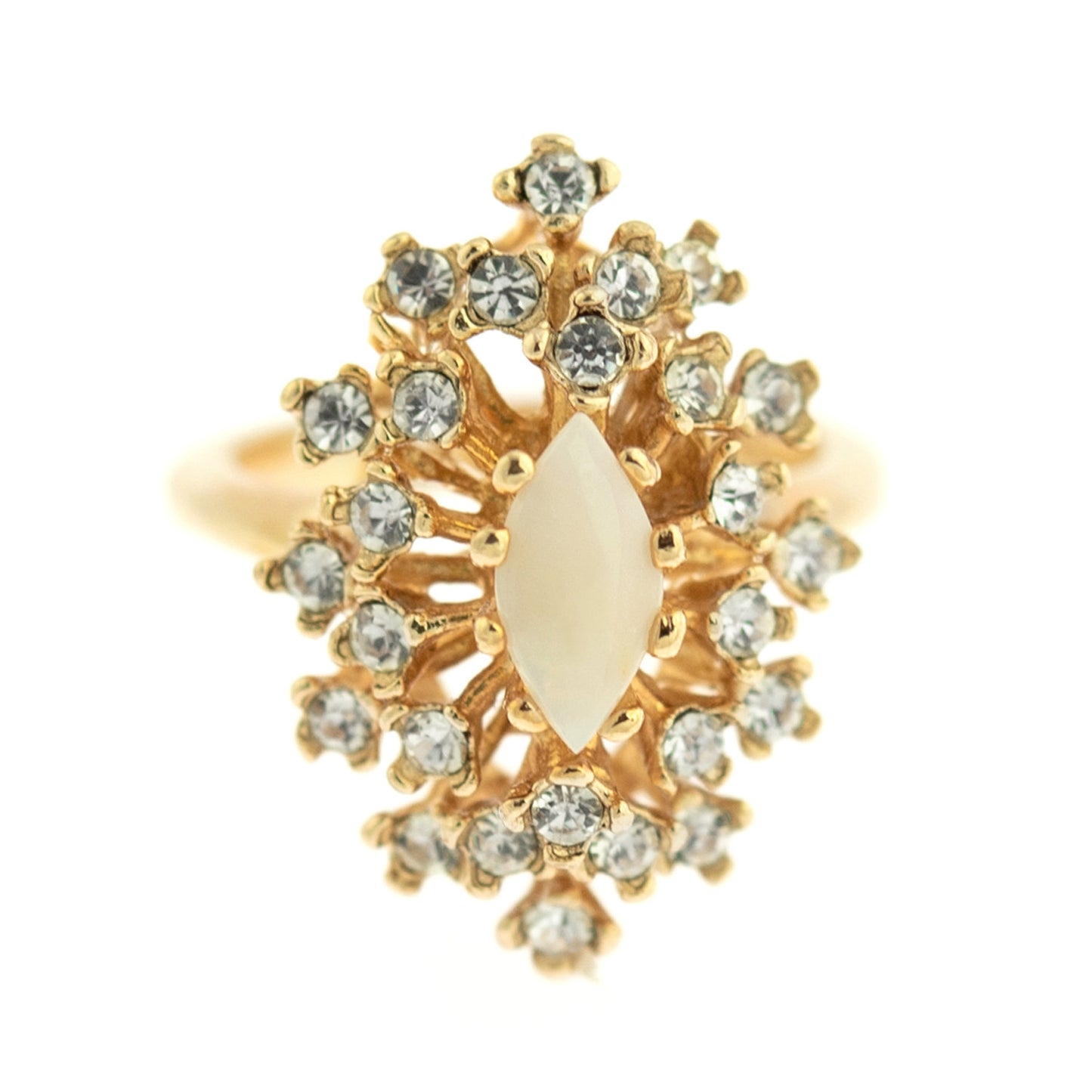 Vintage Ring Genuine Opal with Clear and Ruby Austrian Crystals 18kt Yellow Gold Electroplated