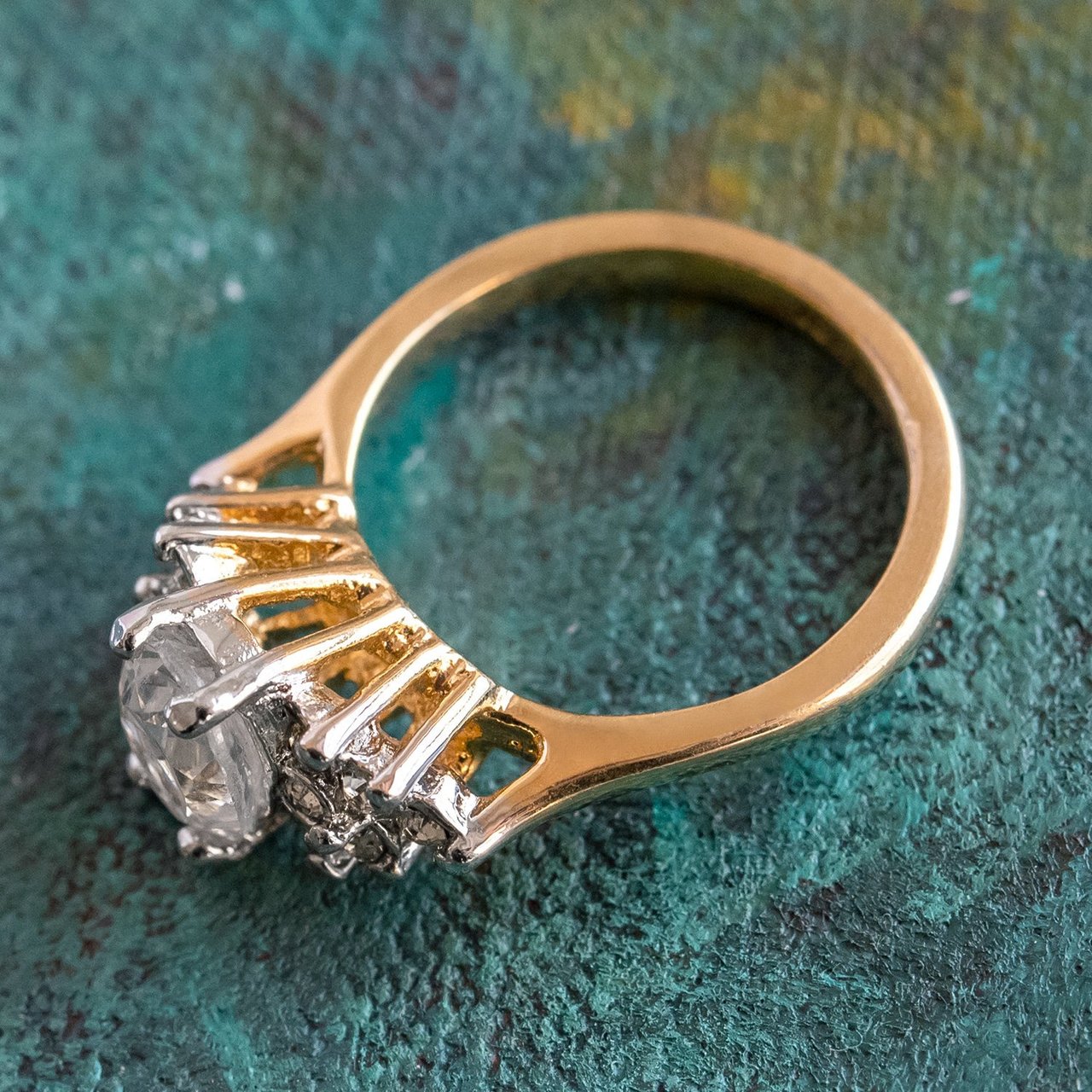 Vintage 1980's Cubic Zirconia Ring with Clear Austrian Crystals 18k Yellow Gold Electroplated