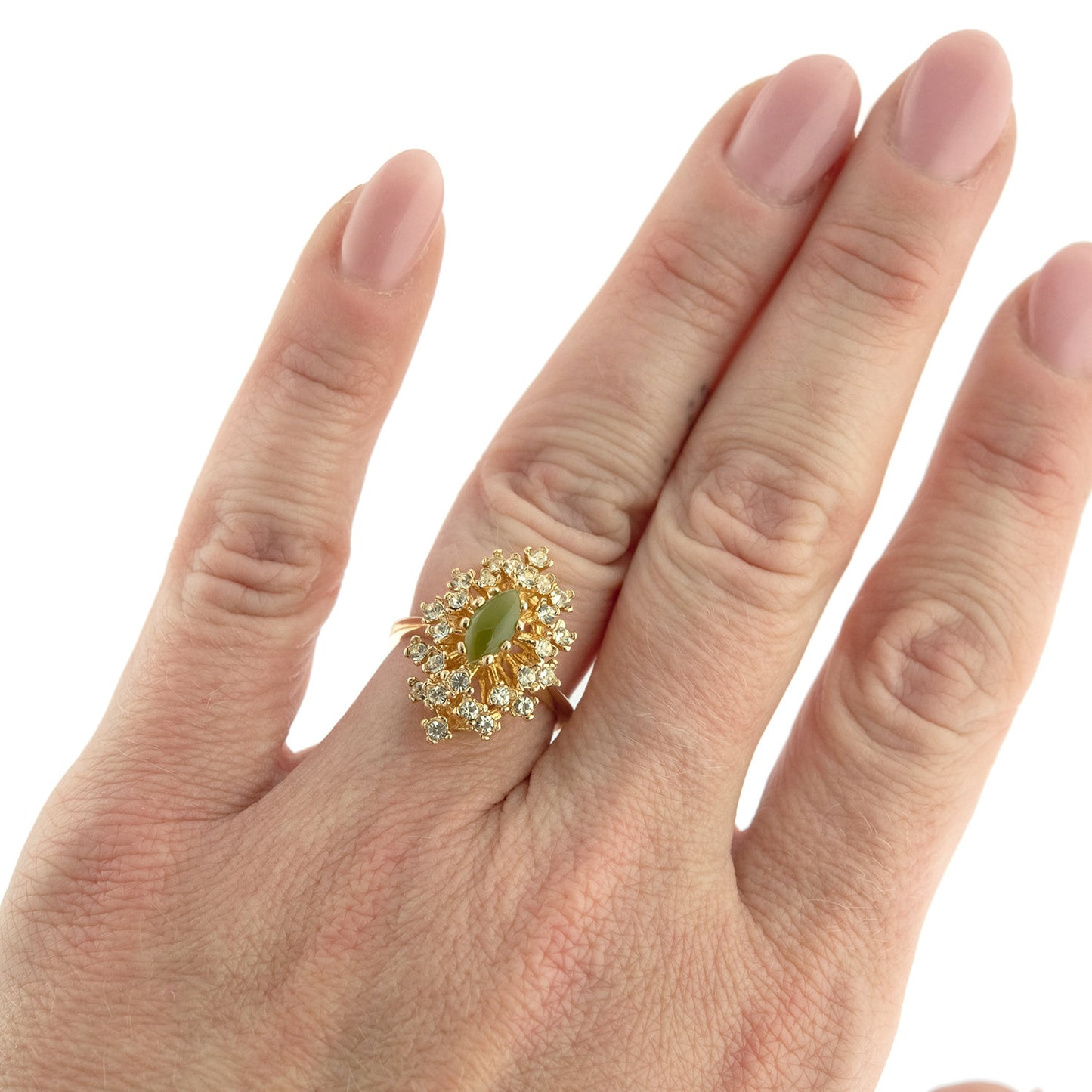 Vintage Ring Genuine Opal with Clear and Ruby Austrian Crystals 18kt Yellow Gold Electroplated