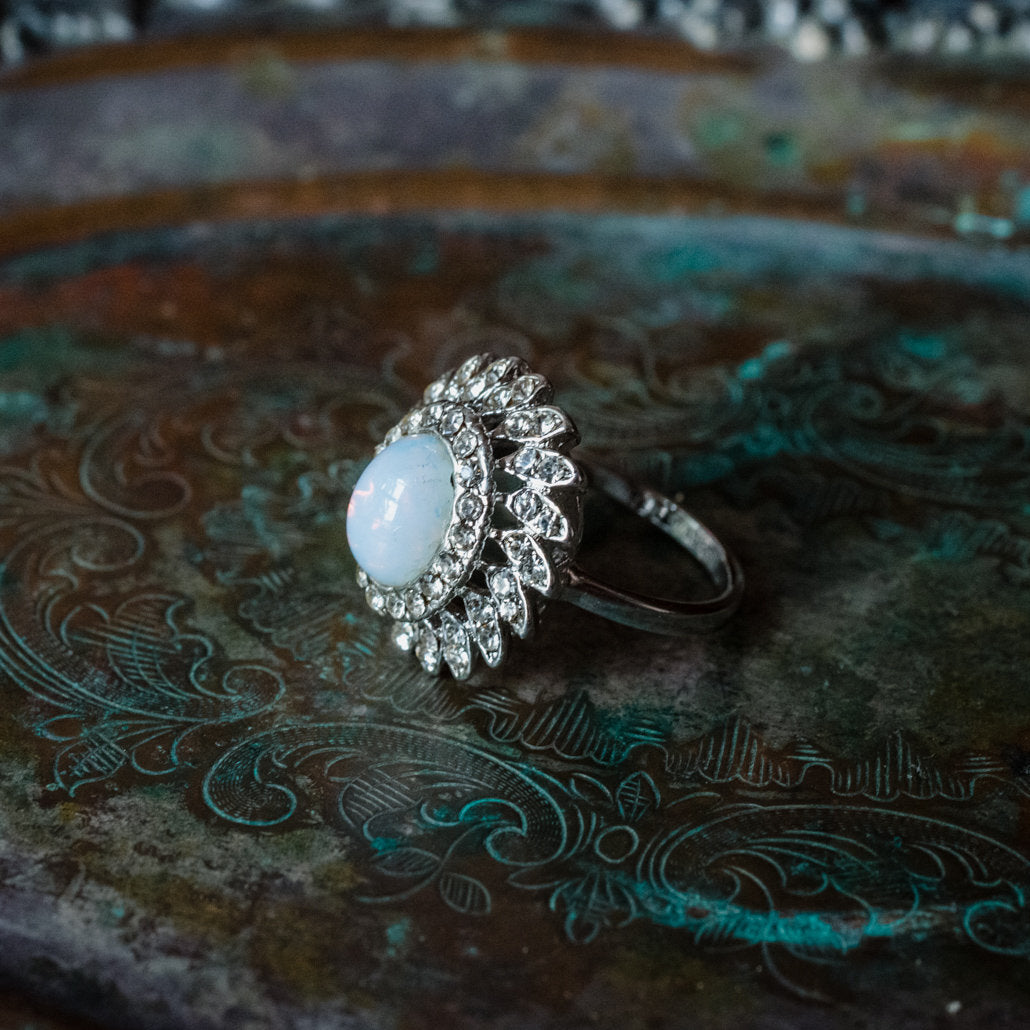 Vintage Jewelry Pinfire Opal Cocktail Ring in a 18k Gold Electroplated Setting Made in the USA