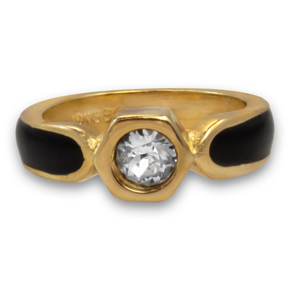 Vintage Ring 1980s Black Enamel Ring with Clear Swarovski Crystals Leaf Motif Antique 18k Gold Plated #R6000 Size 5