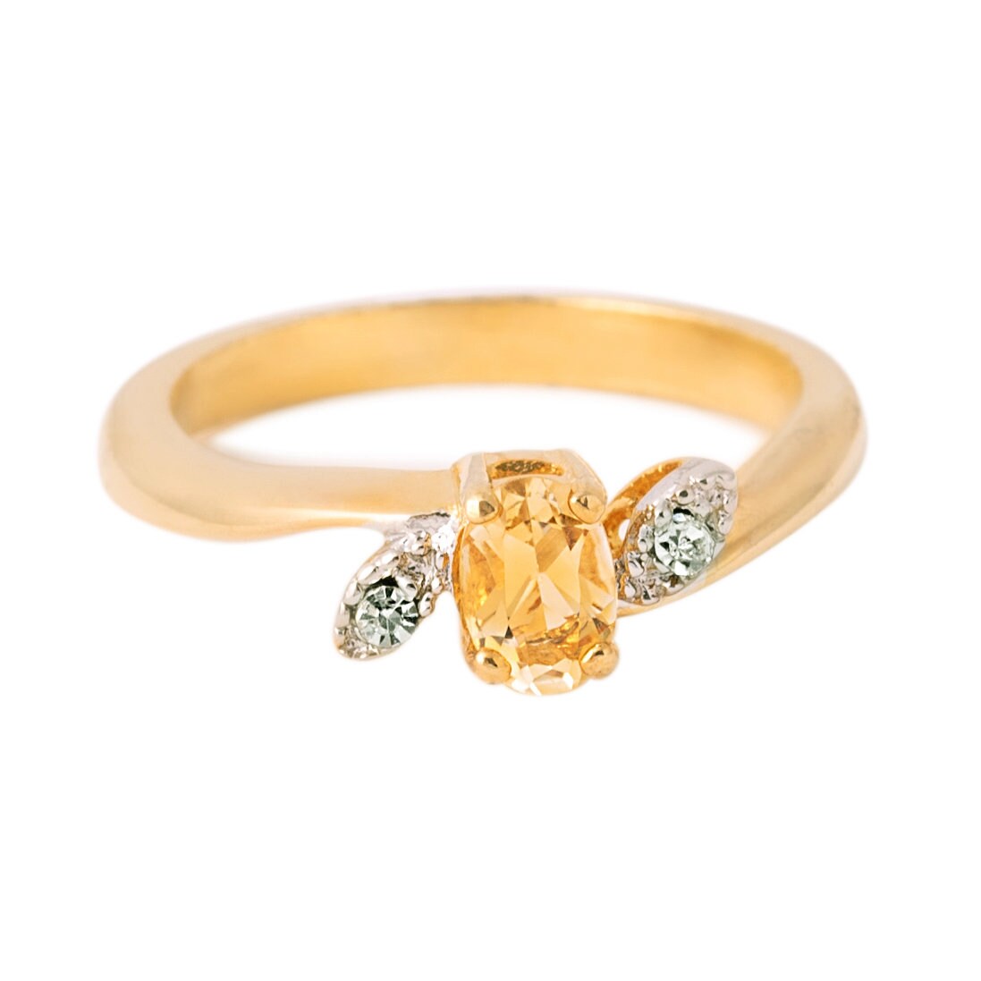 Vintage Ring Genuine Citrine and Clear Swarovski Crystals 18kt Gold Plated Antique Womans Jewlery Dainty R1705 Size: 5