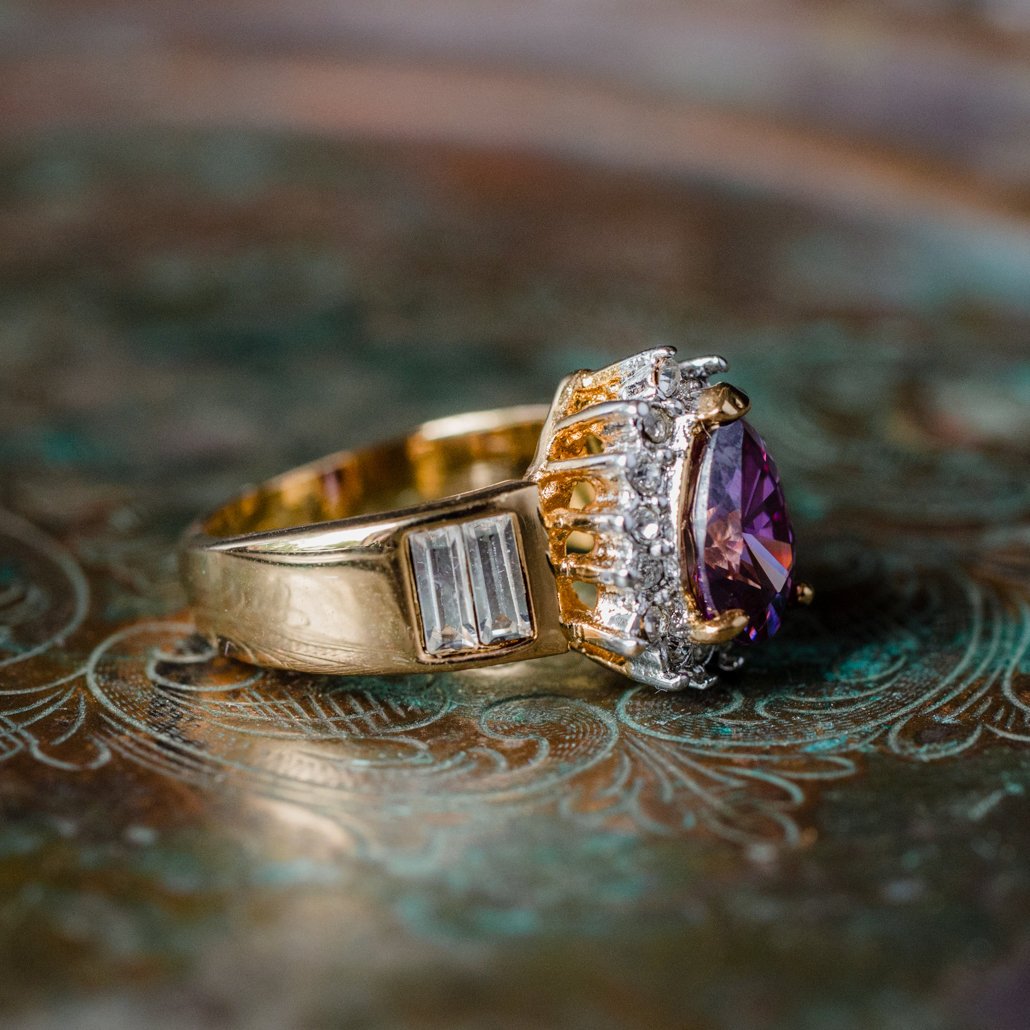 Vintage Ring Amethyst Cubic Zirconia and Clear Swarovski Crystals 18kt Gold #R3149 Size: 7