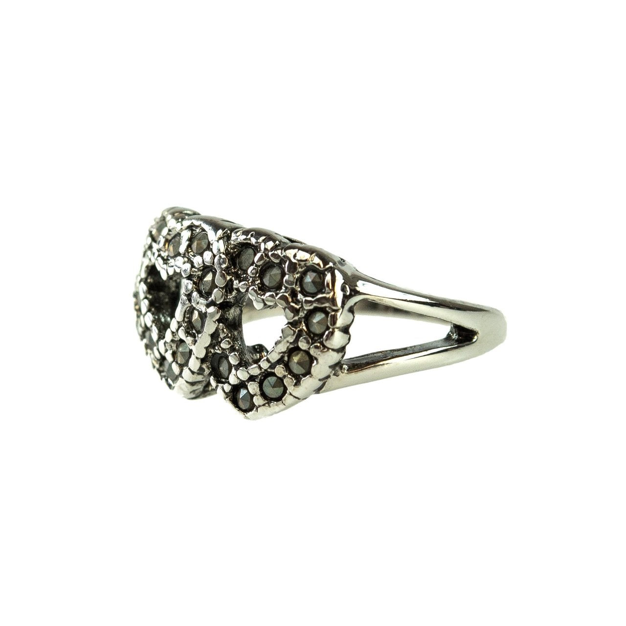 Vintage Ring Genuine Marcasite Double Heart Ring Antique 18k White Gold Silver Antique Womans Jewelry R1758 Size: 6