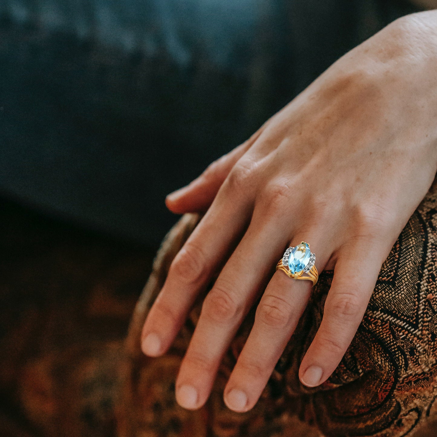 Vintage Ring Aquamarine Marquise Crystal 18k Gold Antique Womans Jewelry Handmade Rings