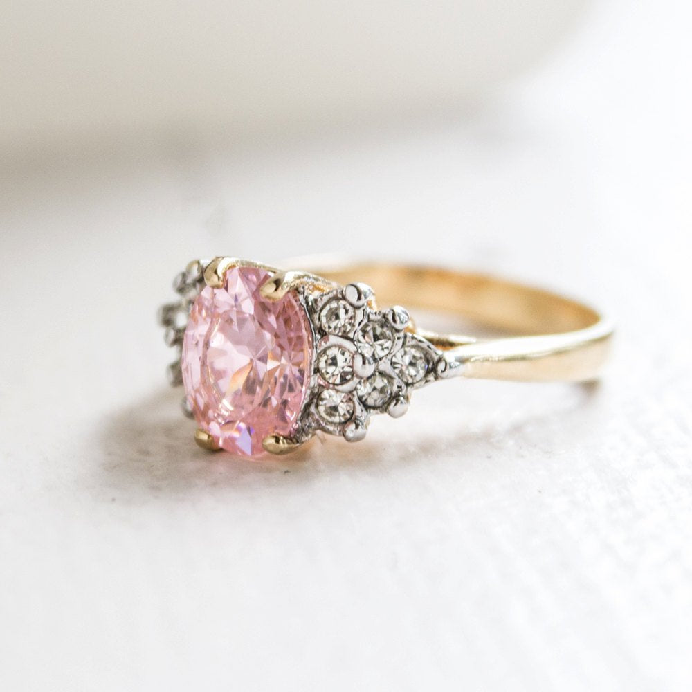 Vintage 1980's Cubic Zirconia Ring with Clear Austrian Crystals 18k Yellow Gold Electroplated