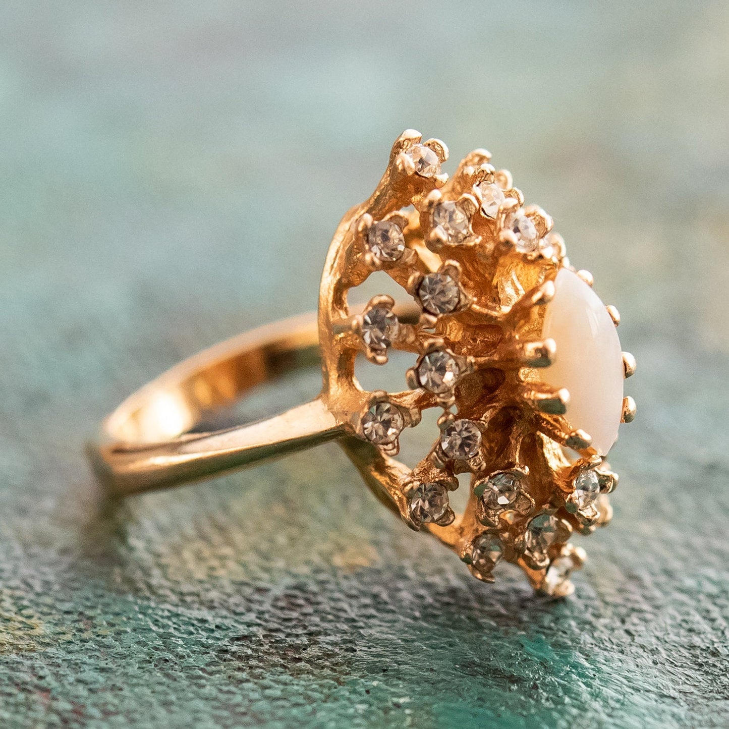 Vintage Ring Genuine Opal with Clear and Ruby Austrian Crystals 18kt Yellow Gold Electroplated