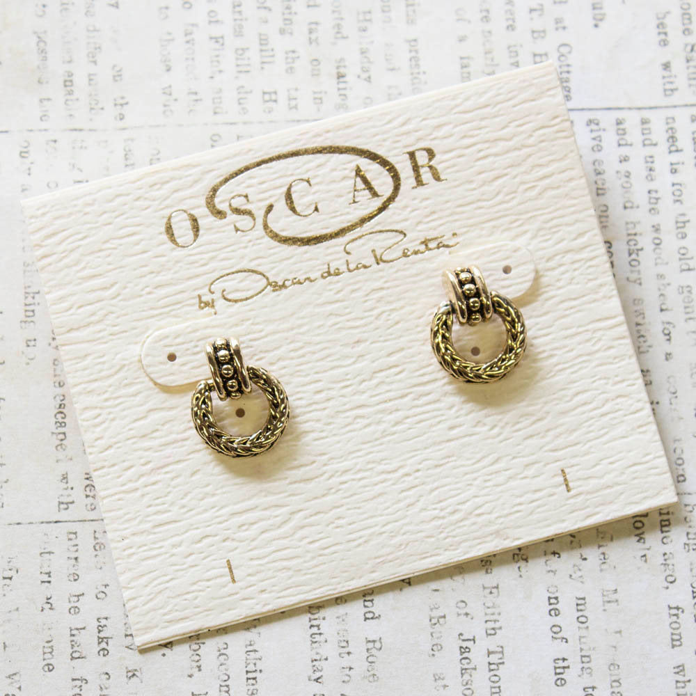 Vintage Oscar De La Renta Antiqued Gold Tone Braided Dangling Hoops Earrings
