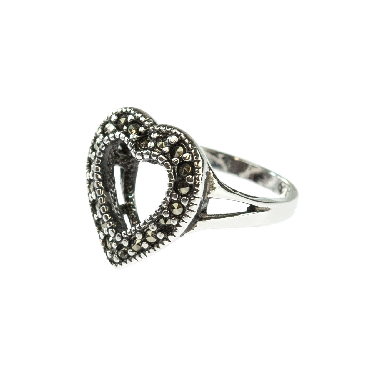 Vintage Genuine Marcasite Heart Ring Antiqued 18k White Gold Electroplated Made in USA