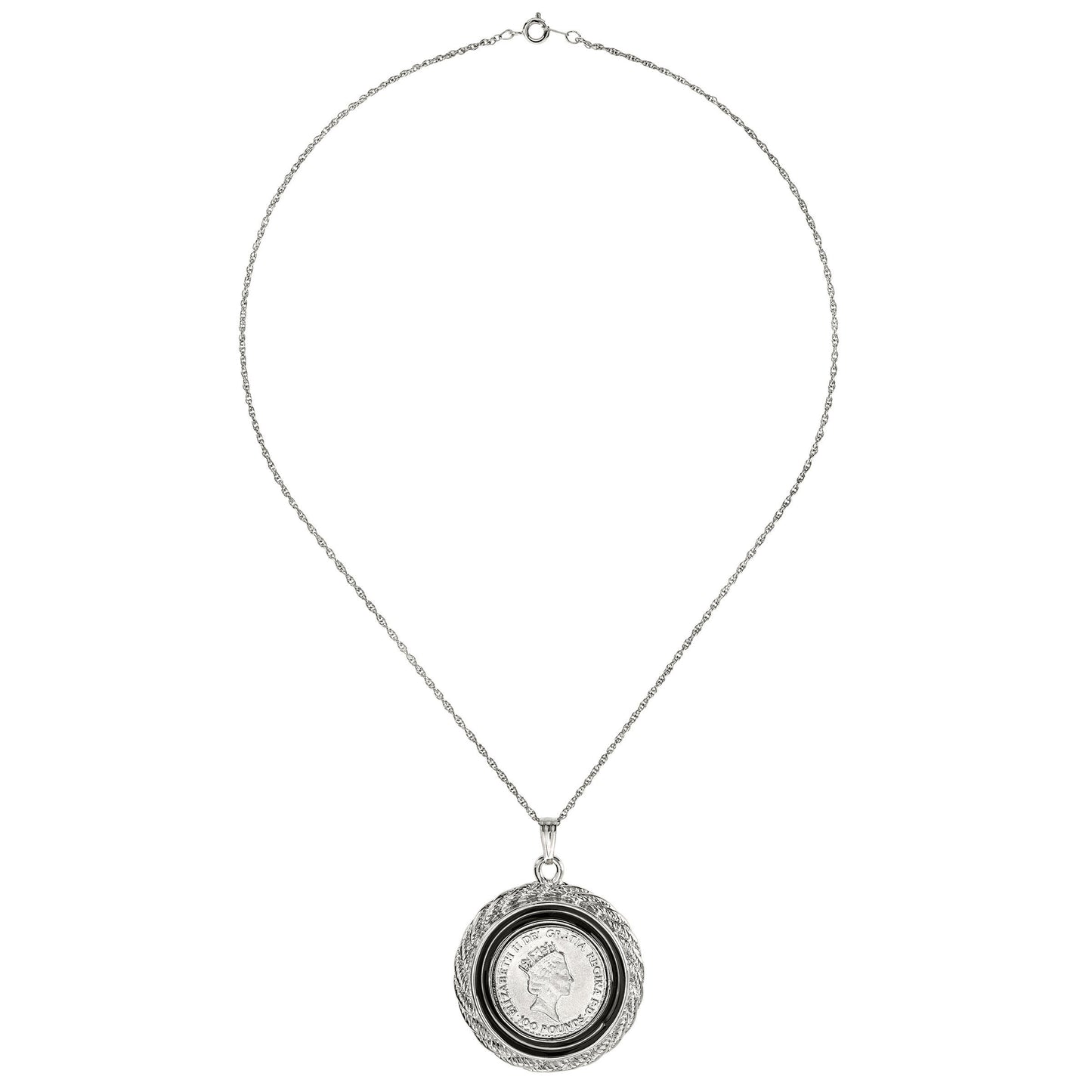 Vintage Queen Elizabeth II 100 Pound Coin Money Pendant Necklace Antique 18k White Gold Silver N785-W