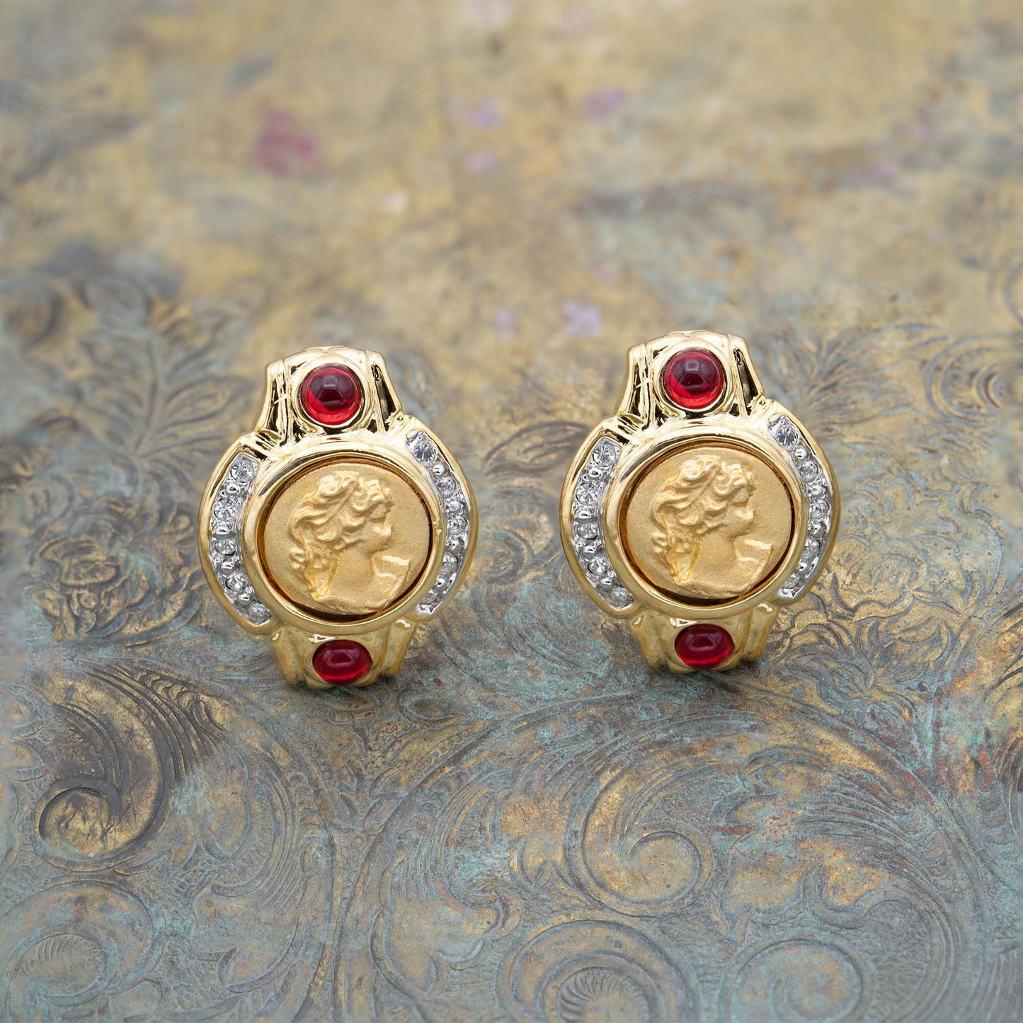 Anastasia Vintage Antique Gold Earrings Coin with Ruby and Clear Crystals E4089-CY