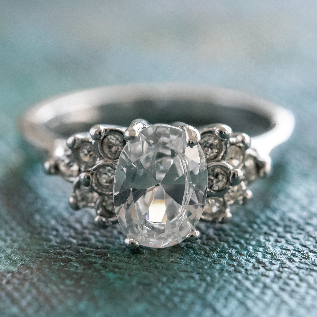 Vintage 1980's Cubic Zirconia Ring with Clear Austrian Crystals 18k Yellow Gold Electroplated
