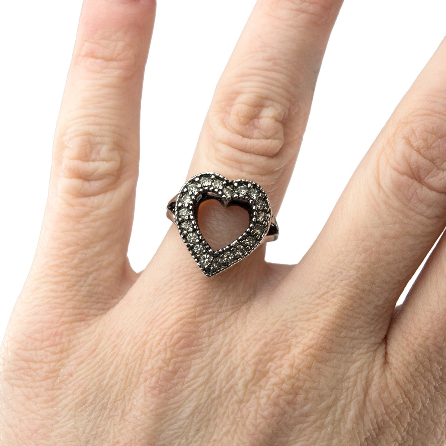 Vintage Genuine Marcasite Heart Ring Antiqued 18k White Gold Electroplated Made in USA