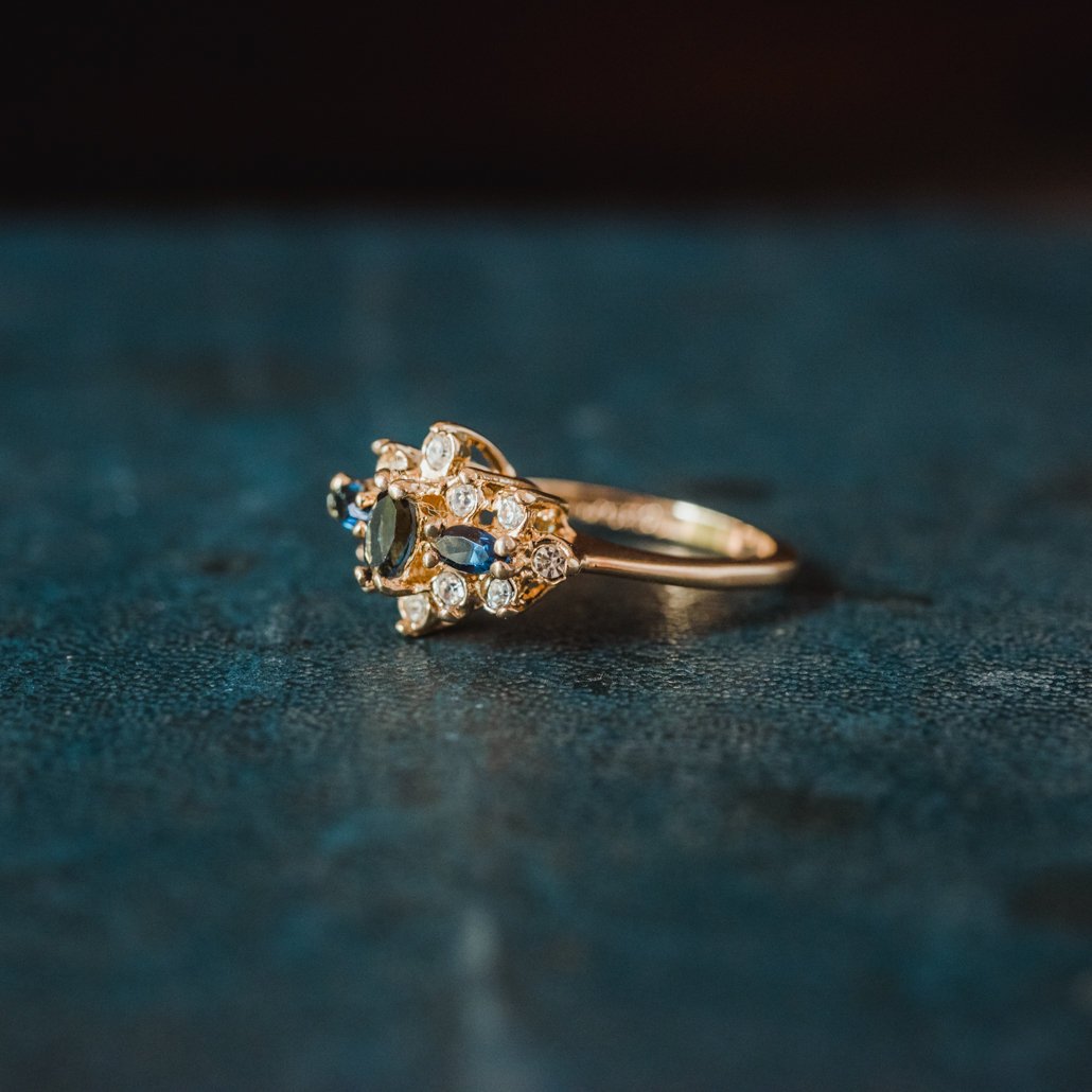 Vintage Ring Genuine Stone or Austrian Crystal Cluster 18k Yellow or White Gold Electroplated Made in USA