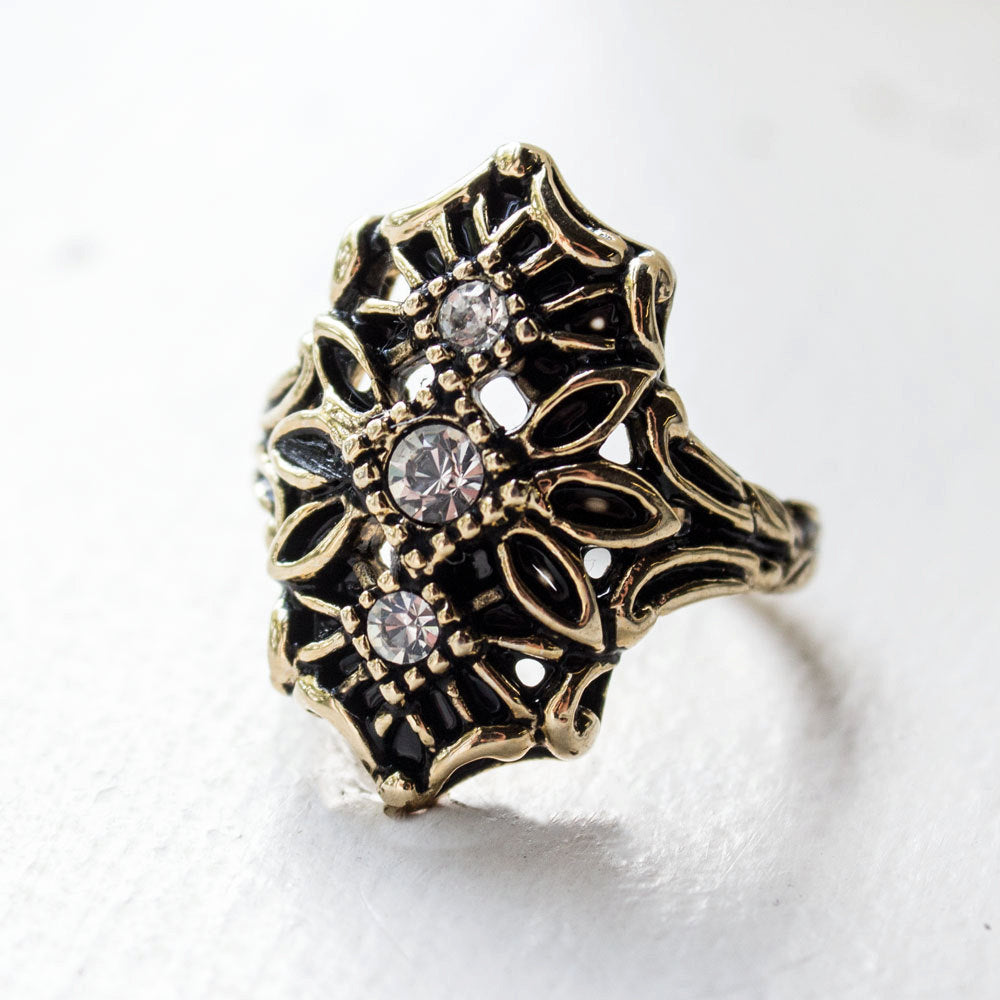 Vintage Edwardian Style Ring Antique 18k Yellow Gold Electroplated Clear Austrian Crystals Size: 7