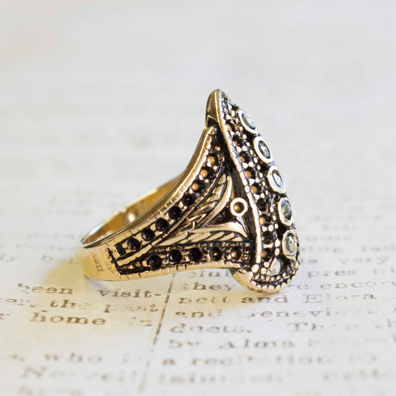 Vintage Ring Genuine Marcasite Ring Antique 18k Gold Filigree Setting Womans Ring #R1367