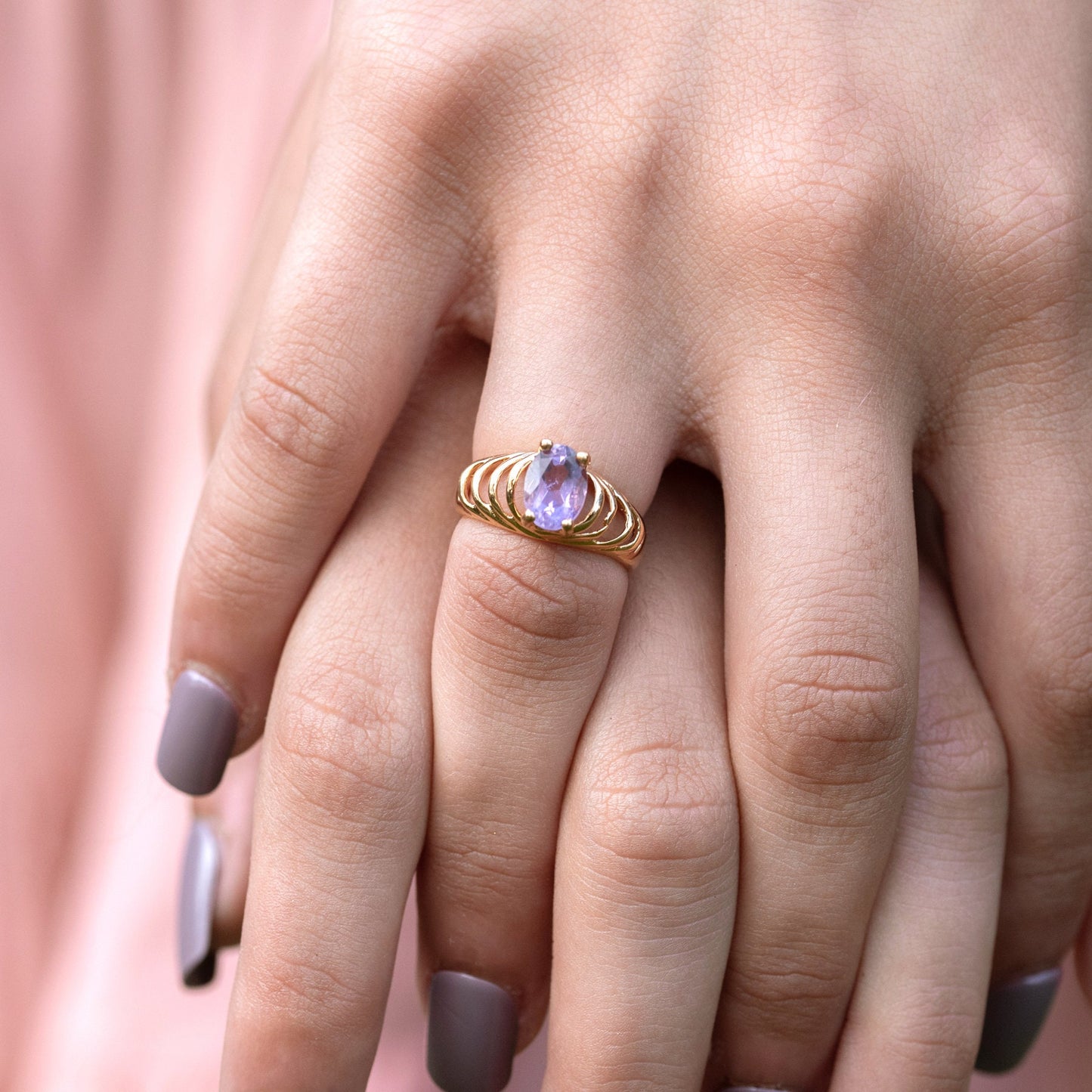 Vintage Genuine Amethyst Stone Ring18kt Yellow Gold Plated Made in USA Size: 8