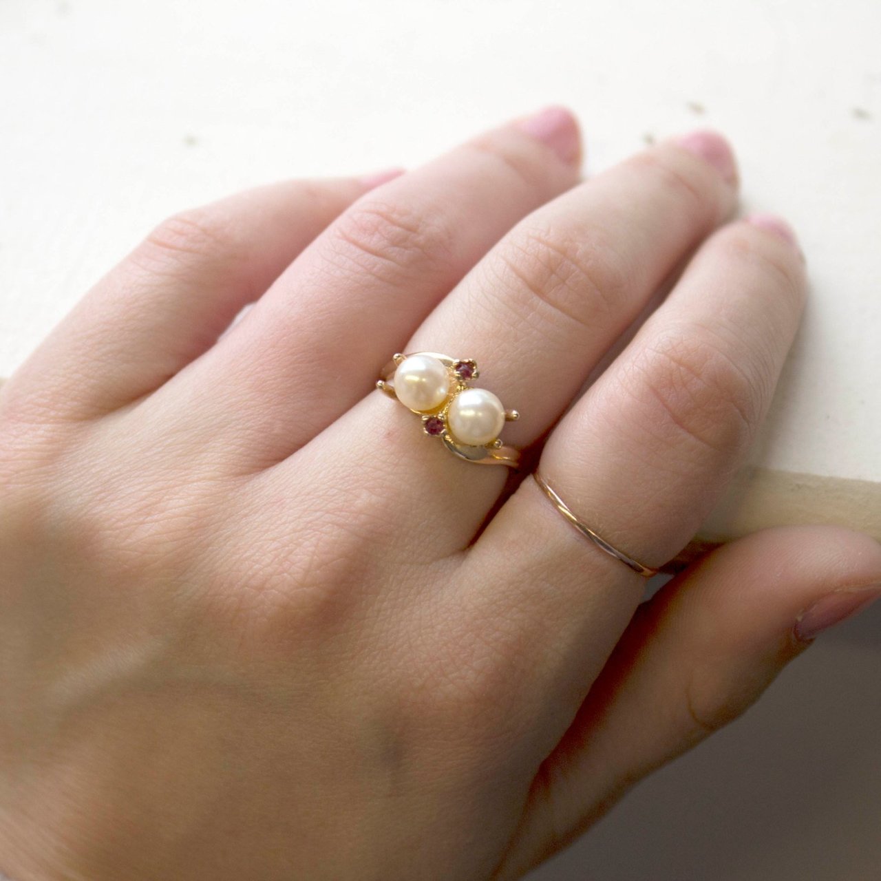 Vintage Pearl Beads with Genuine Ruby Accents 18k Gold Electroplated Ring Made in USA