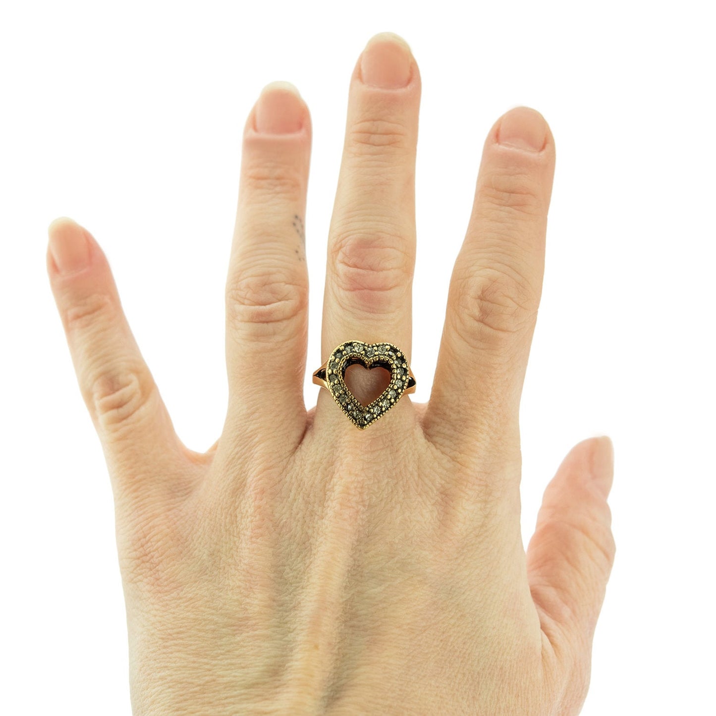 Vintage Genuine Marcasite Heart Ring Antiqued 18k White Gold Electroplated Made in USA