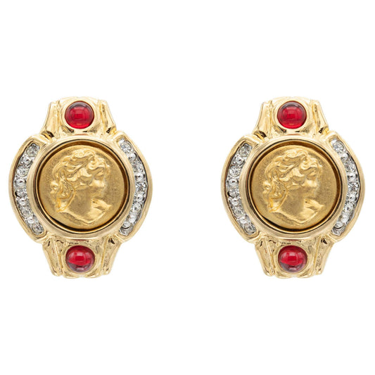 Anastasia Vintage Antique Gold Earrings Coin with Ruby and Clear Crystals E4089-CY