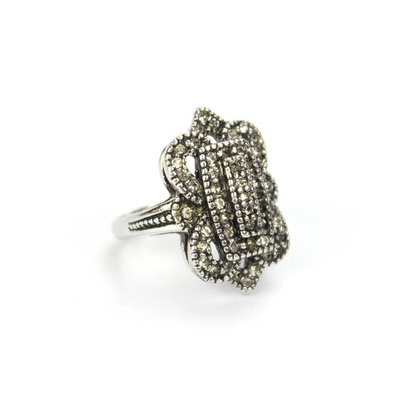 Vintage Antiqued 18k Yellow Gold Electroplated Ring with Clear Austrian Crystals Made in USA
