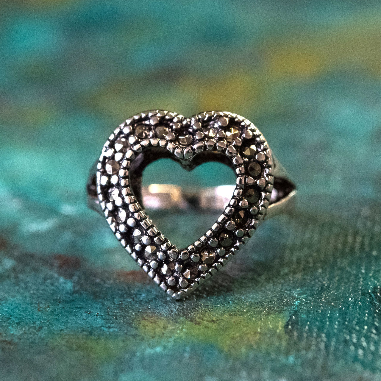 Vintage Genuine Marcasite Heart Ring Antiqued 18k White Gold Electroplated Made in USA