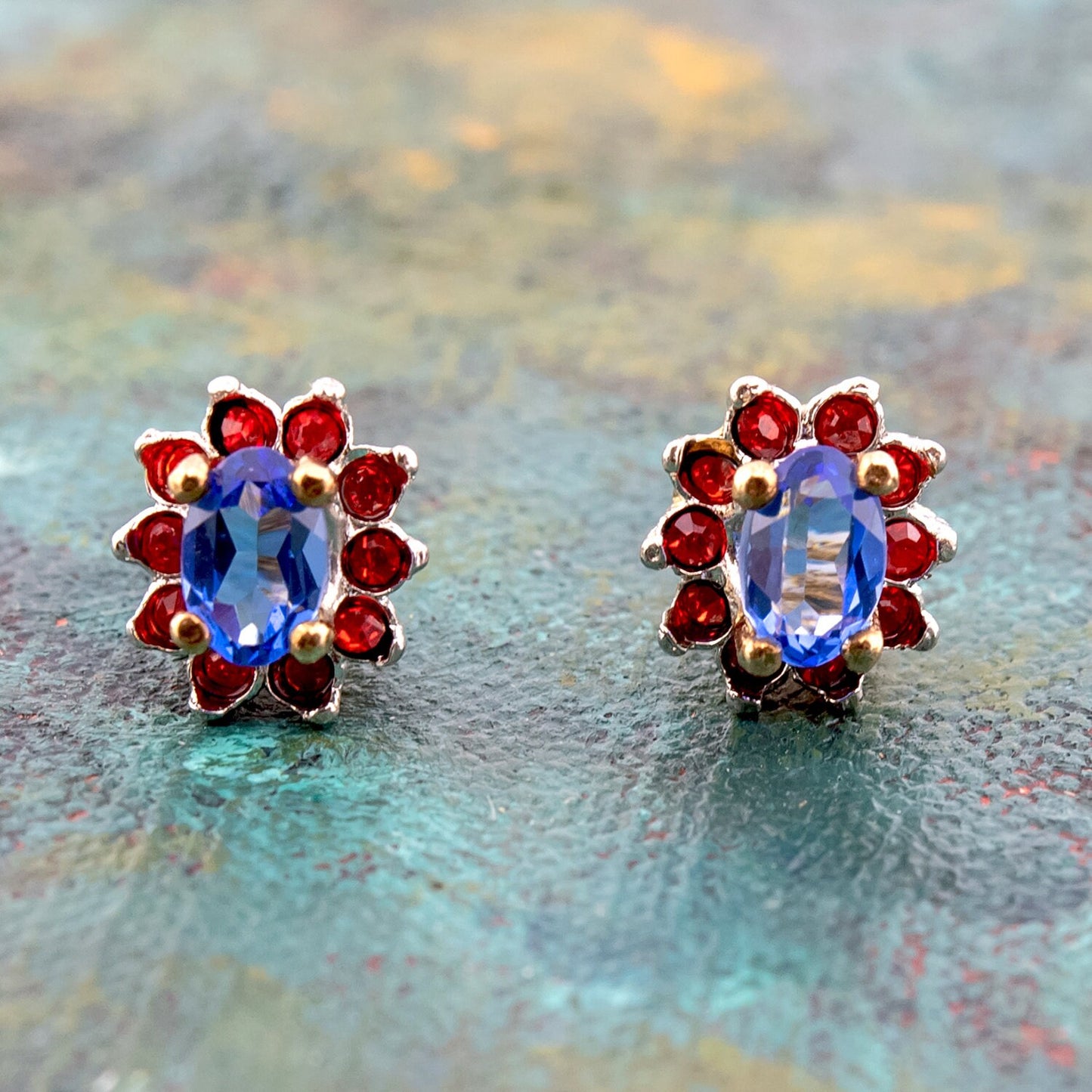 Vintage Sapphire and Ruby Swarovski Crystal Post Earrings E1291