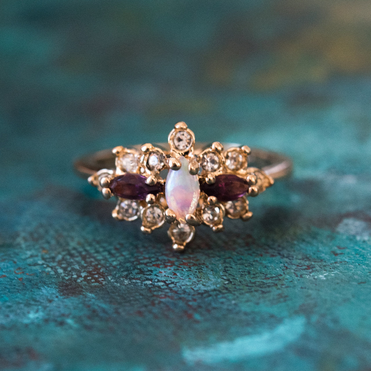 Vintage Ring Genuine Stone or Austrian Crystal Cluster 18k Yellow or White Gold Electroplated Made in USA