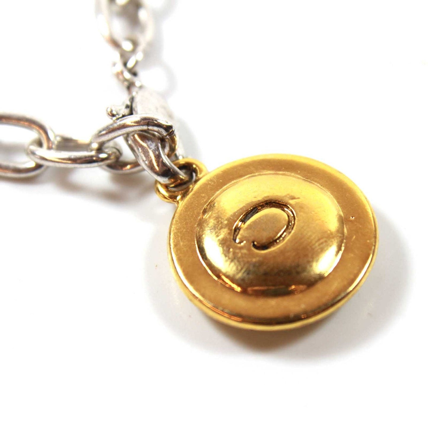 Vintage Signed Oscar De La Renta Silver Tone 7 Inch Chain Bracelet with Two Tone Round Weave Patterned Pendant