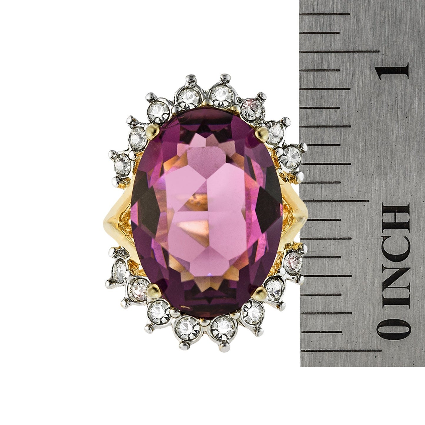 Vintage 1970's Ring Ruby and Clear Austrian Crystals 18k Yellow Gold Plated Band Made in USA