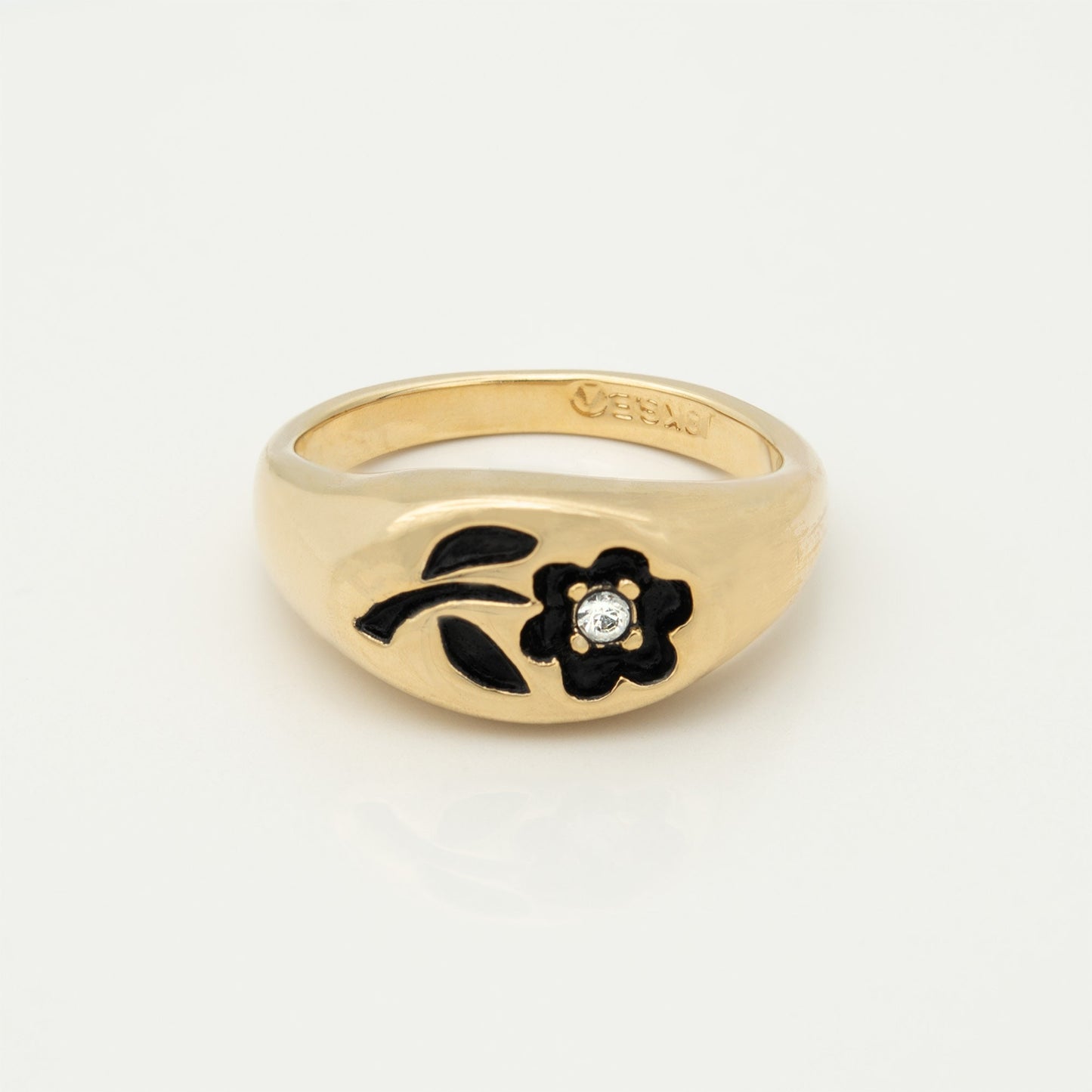 Vintage Ring 1980's Flower Ring Enamel with Clear Cubic Zirconia 18k Gold Antique Womans Jewelry Rings R856-FCY Size: 5