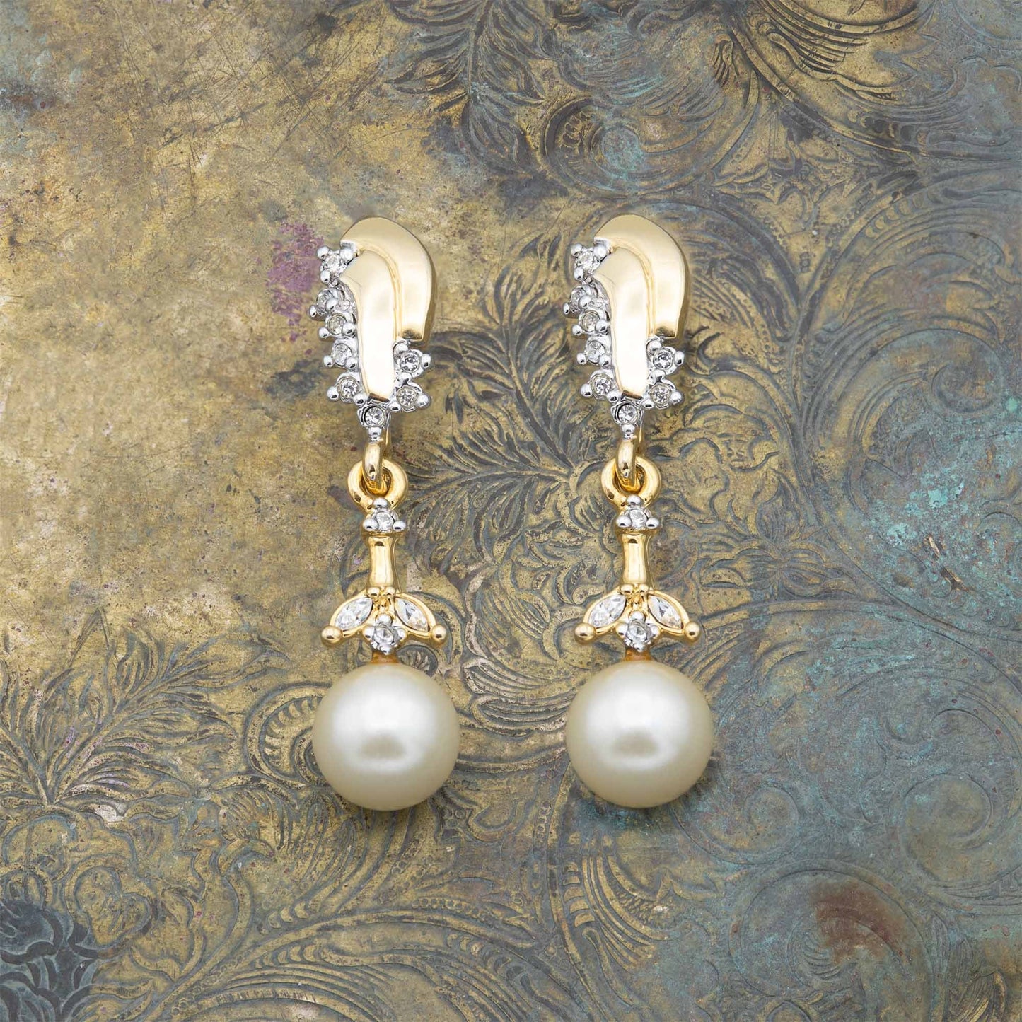Vintage Gold Pearl Dangle Earrings E4025-P Antique Womans Jewelry Earrings