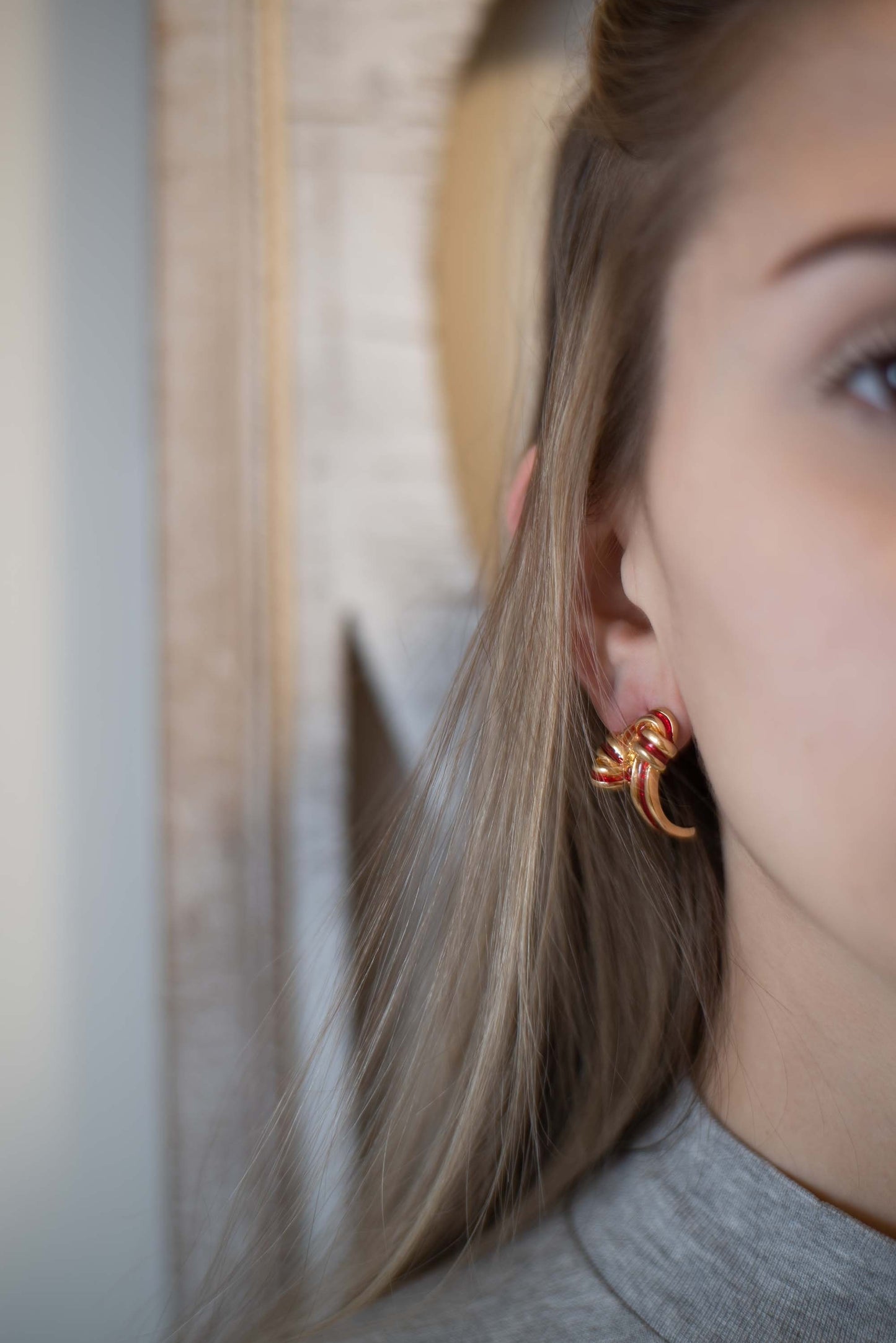 Riley Mid Century Gold and Red Enamel Post Earrings