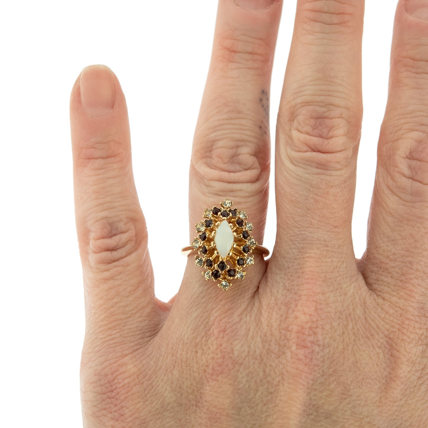 Vintage Ring Genuine Opal with Clear and Ruby Austrian Crystals 18kt Yellow Gold Electroplated