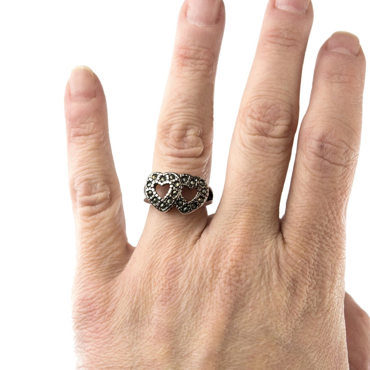 Vintage Ring Genuine Marcasite Double Heart Ring Antique 18k White Gold Silver Antique Womans Jewelry R1758 Size: 6