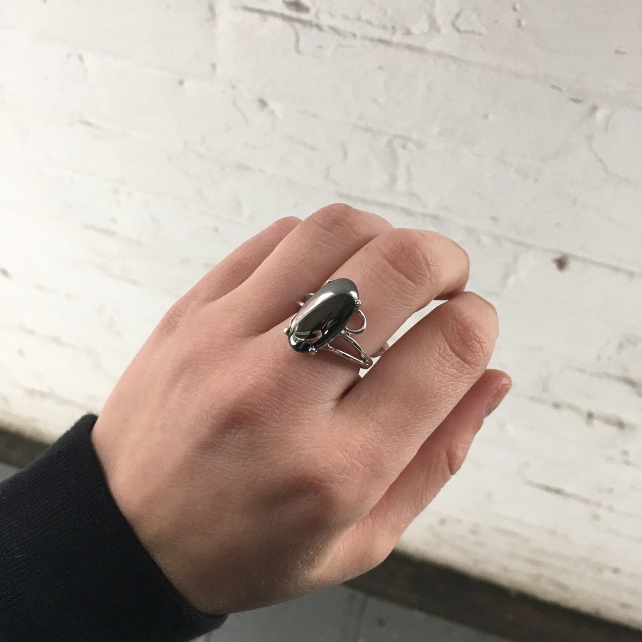 Vintage Ring Genuine Onyx 18k White Gold Electroplated Cocktail Ring Made in USA
