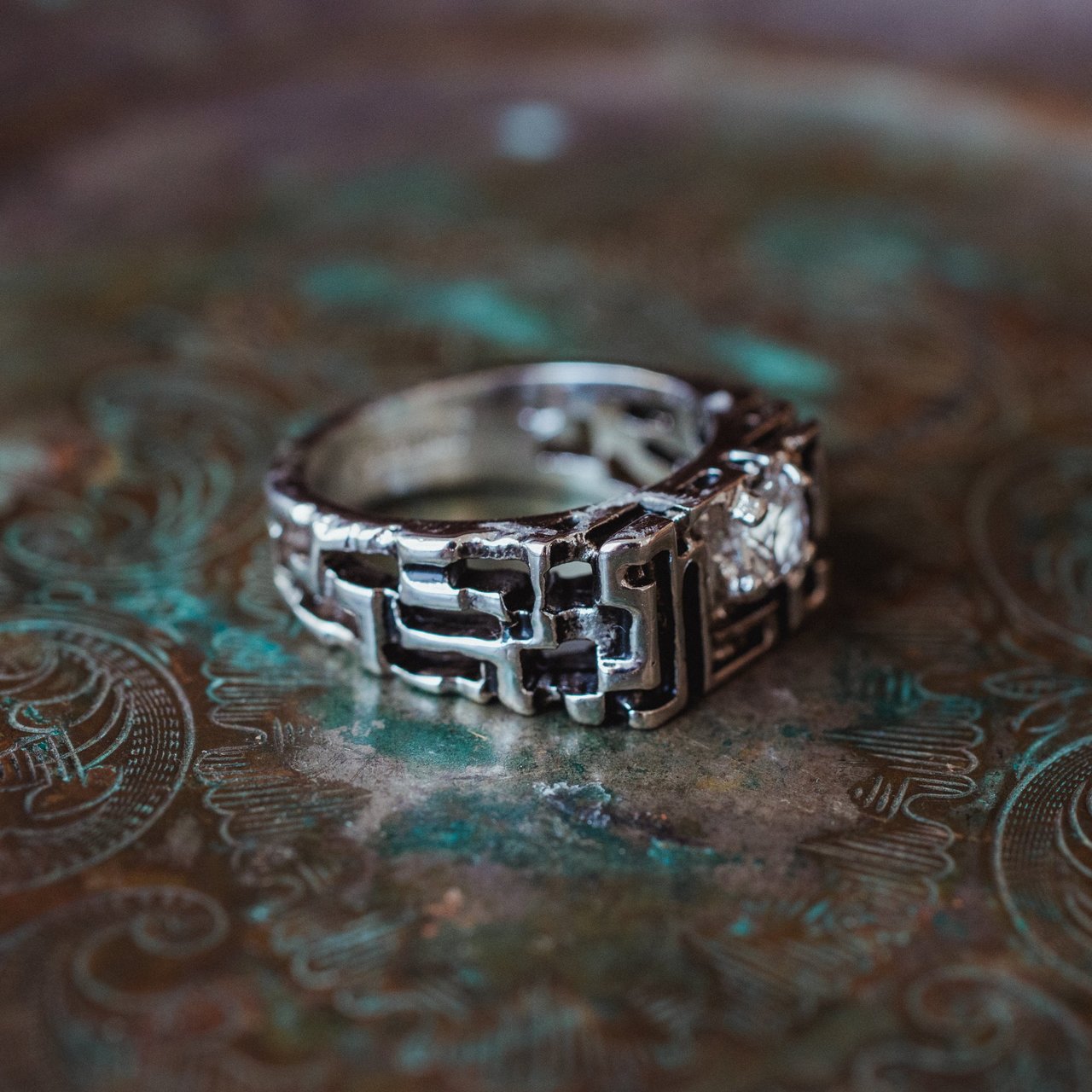 Men's Vintage Ring Edwardian Style Genuine Spinel Handcrafted Antiqued 18k White Gold Electroplated