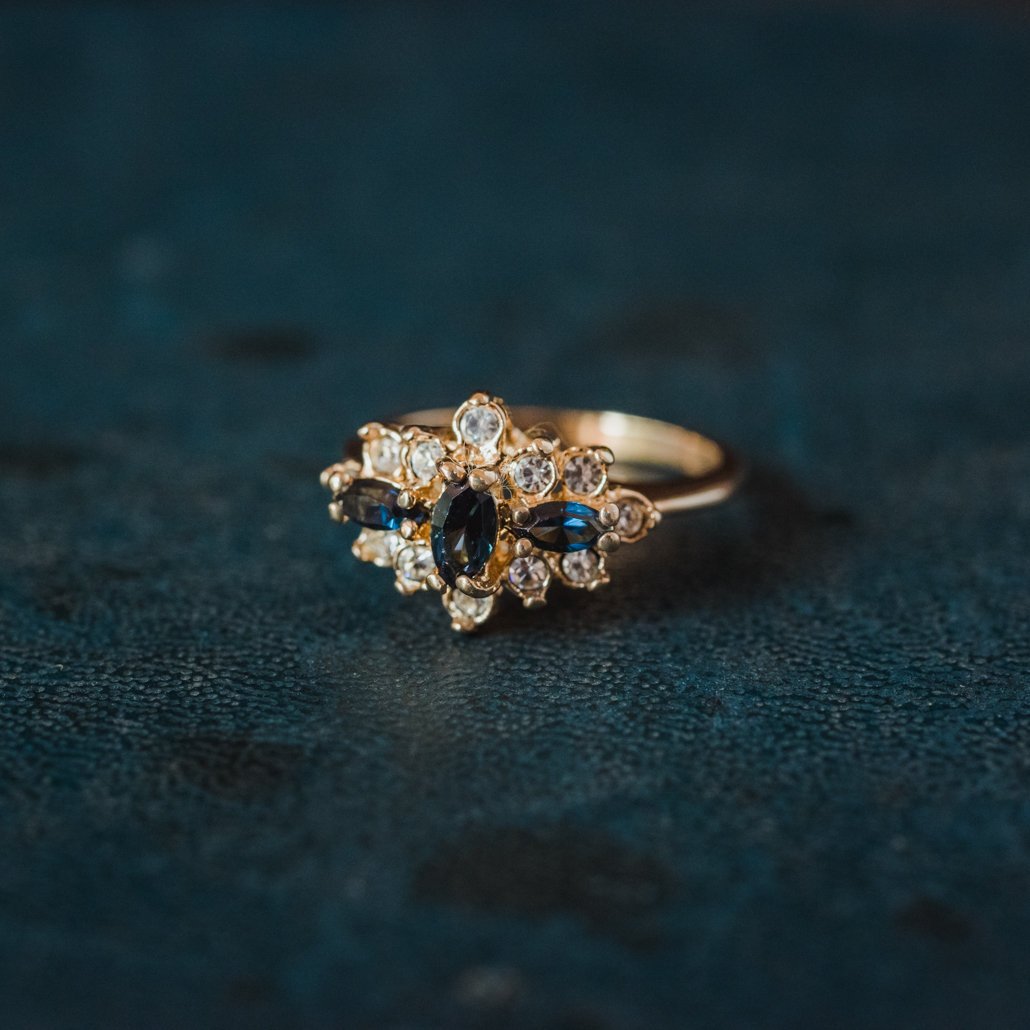 Vintage Ring Genuine Stone or Austrian Crystal Cluster 18k Yellow or White Gold Electroplated Made in USA