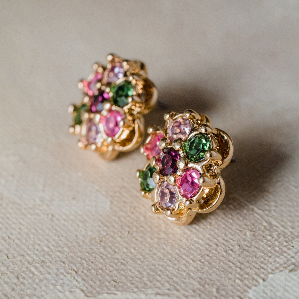 Vintage Pastel Flower Pierced Earrings 18k Yellow Gold Electroplated Made in USA