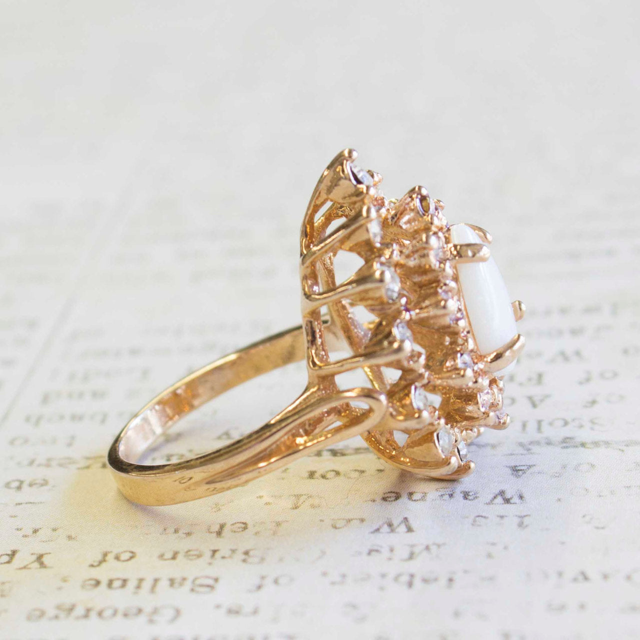 Vintage Ring Victorian Style Genuine Opal Clear Swarovski Crystals 18k Gold Womens Ornate Antique Jewelry #R767