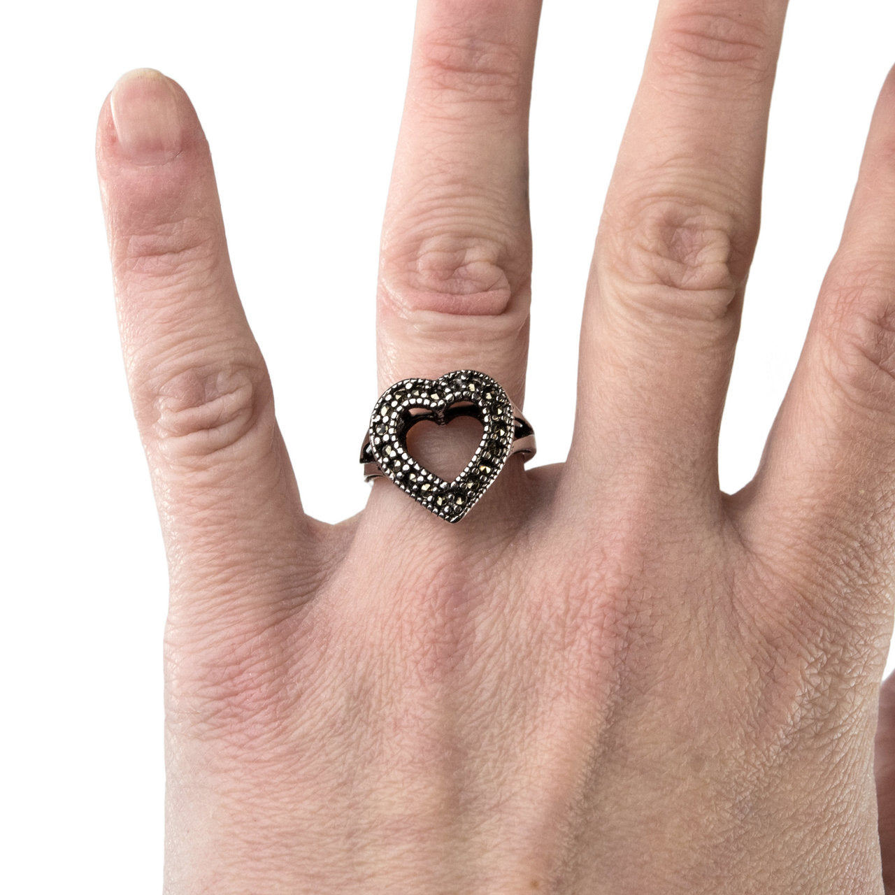 Vintage Genuine Marcasite Heart Ring Antiqued 18k White Gold Electroplated Made in USA