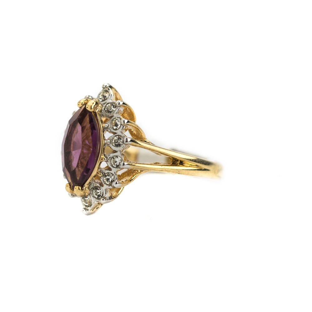 Vintage Amethyst and Clear Swarovski Crystals 18k Yellow Gold Plated February Birthstone Made in USA #R1891