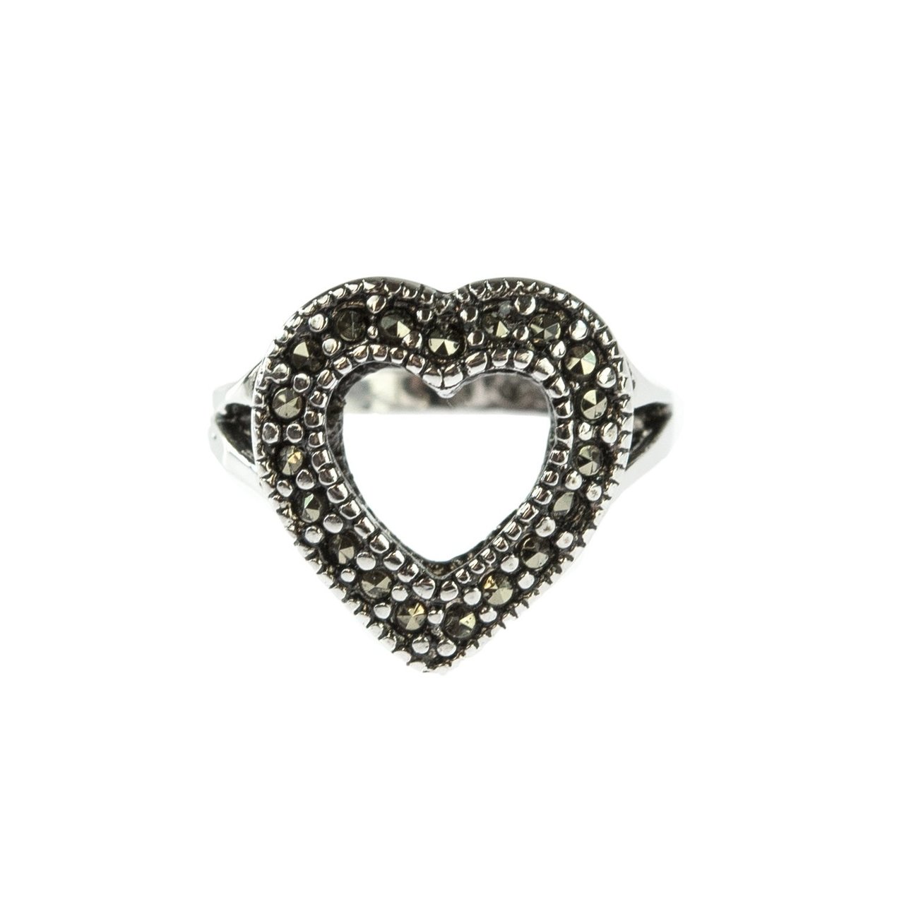 Vintage Genuine Marcasite Heart Ring Antiqued 18k White Gold Electroplated Made in USA